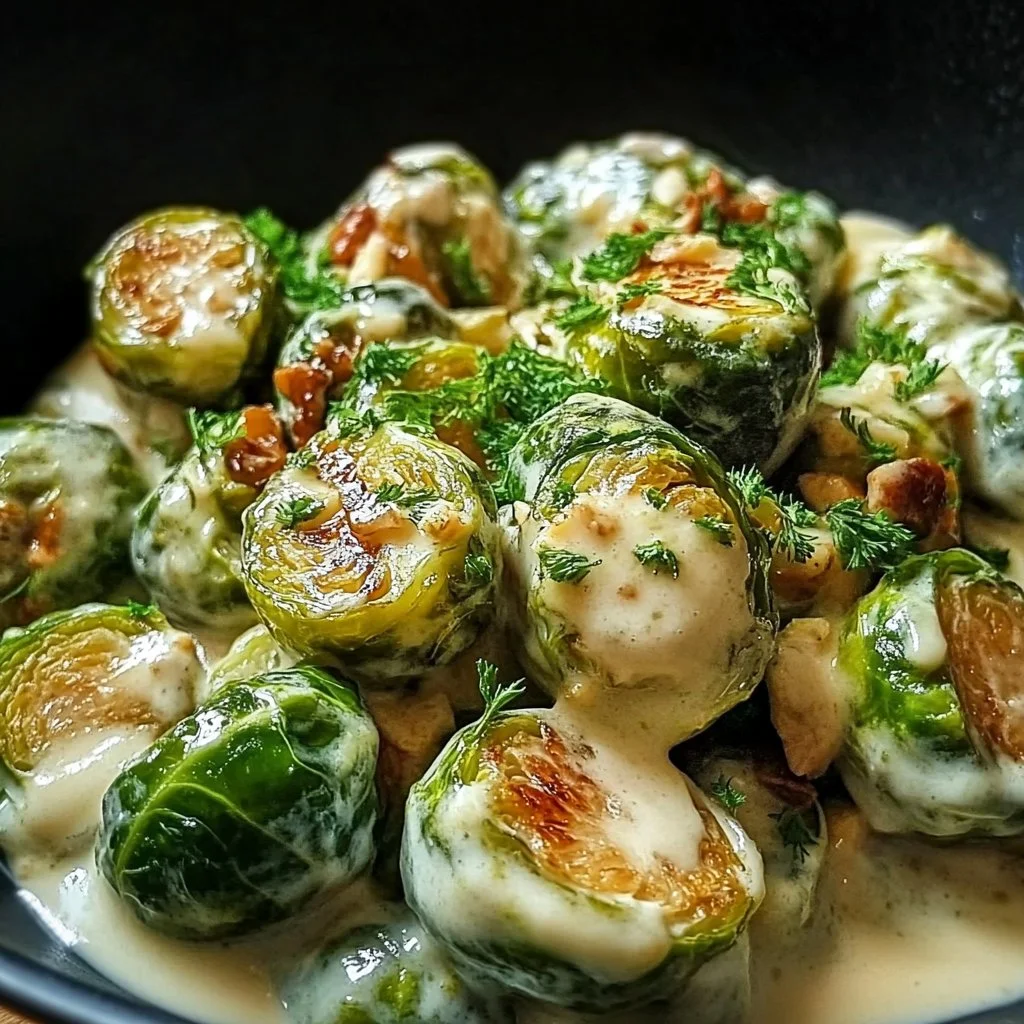 Brussels sprouts in a creamy cream cheese sauce served on a plate