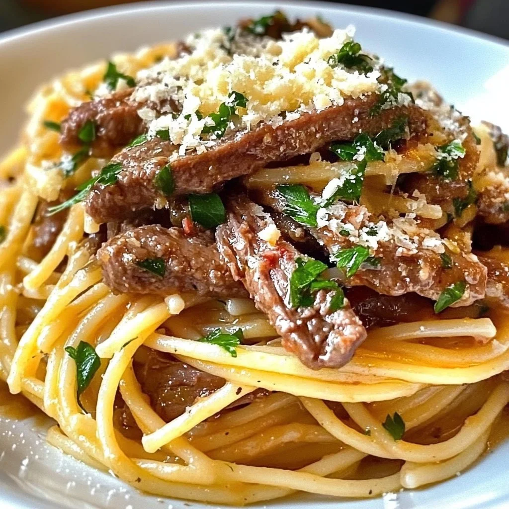 Delicious garlic beef pasta dish with fresh herbs and spices