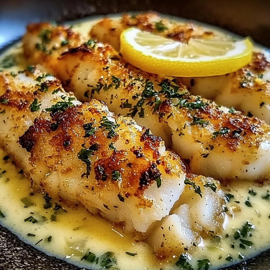 Garlic Herb Cod Strips served with Creamy Lemon Sauce on a plate