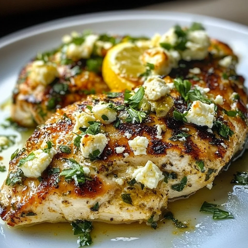 Greek Lemon Feta Chicken with herbs and lemon slices on a white plate.