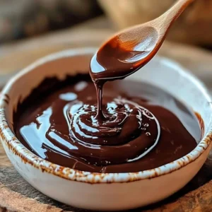 Jar of homemade chocolate syrup on a wooden table