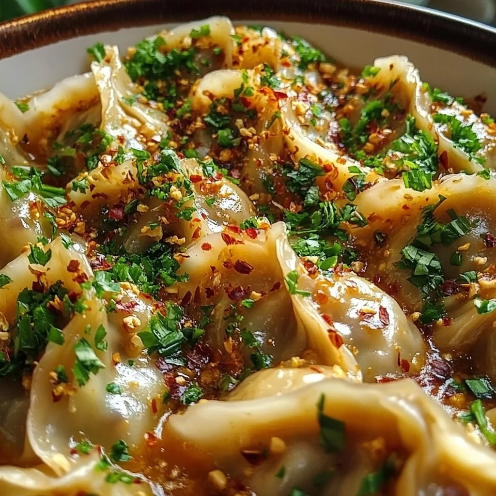 Oven-baked dumplings drizzled with delicious peanut sauce on a plate.