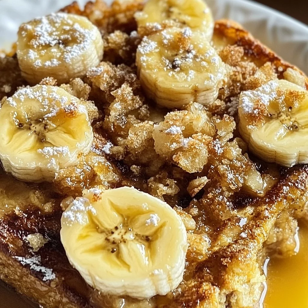 Gourmet Overnight Baked Banana French Toast Casserole served on a plate