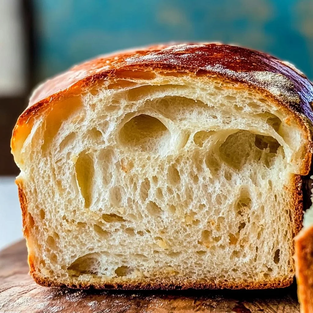 Loaf of freshly baked Simply Sandwich Bread on a wooden cutting board.