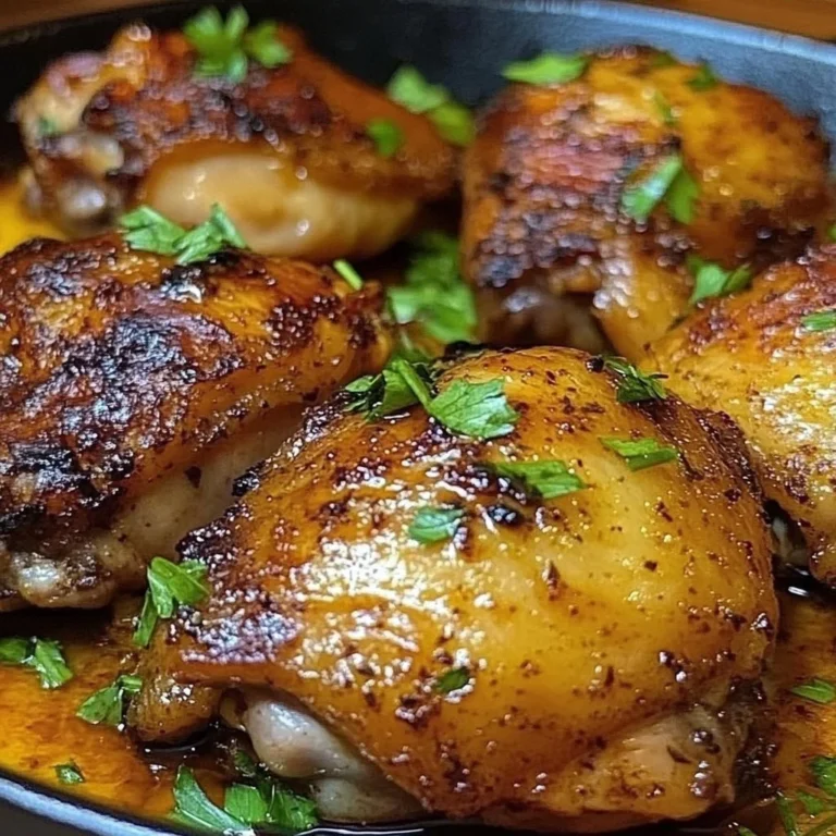 Skillet chicken thighs cooked to perfection in a frying pan with herbs.