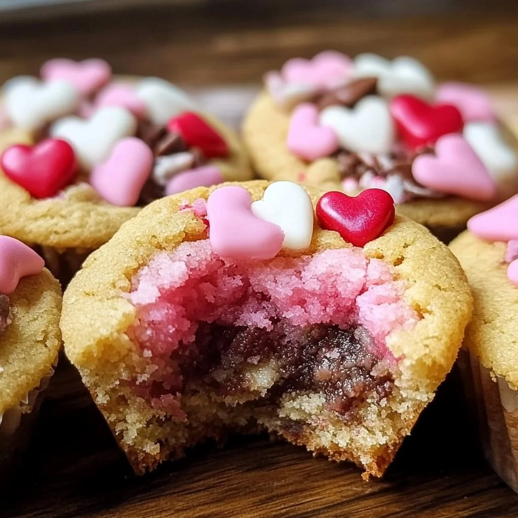 Valentine's Day cookie cups filled with frosting and decorated with hearts