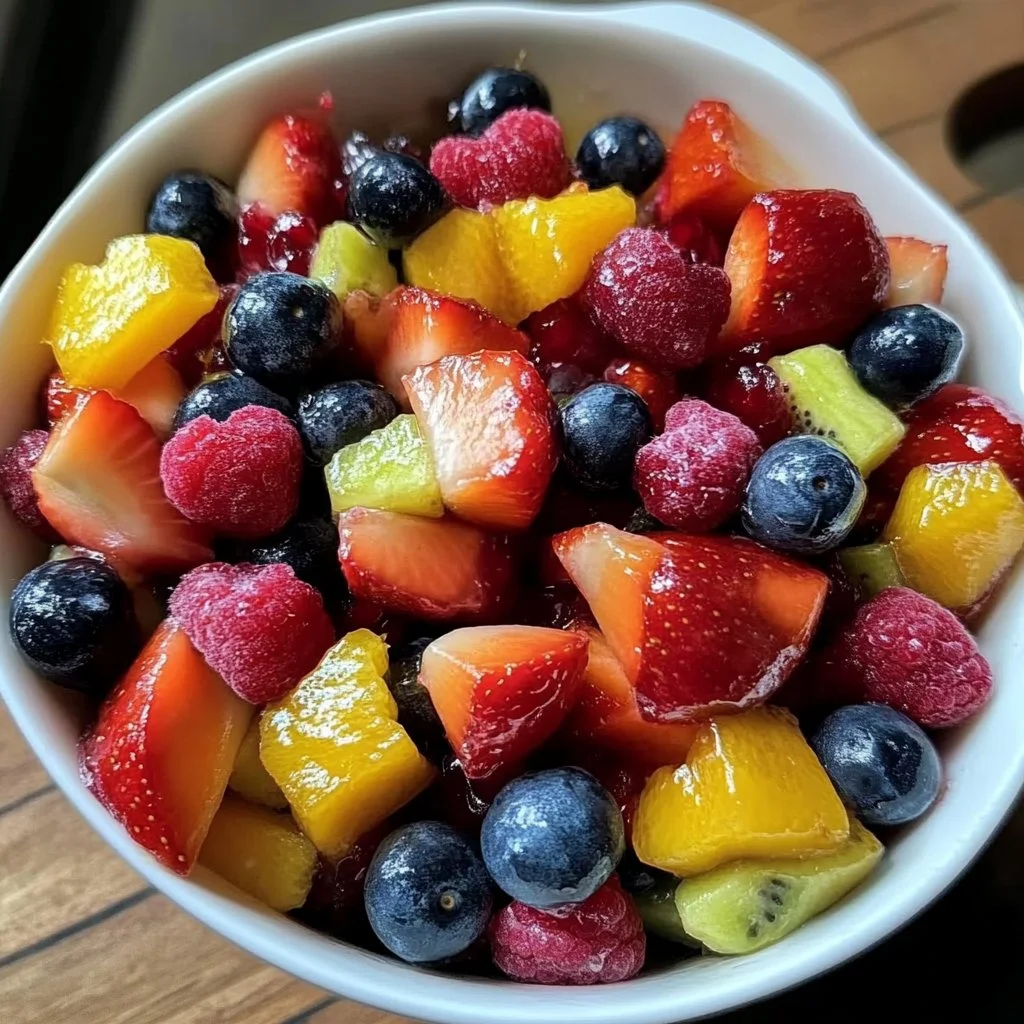 A heart-shaped bowl filled with vibrant Valentine's Day fruit salad