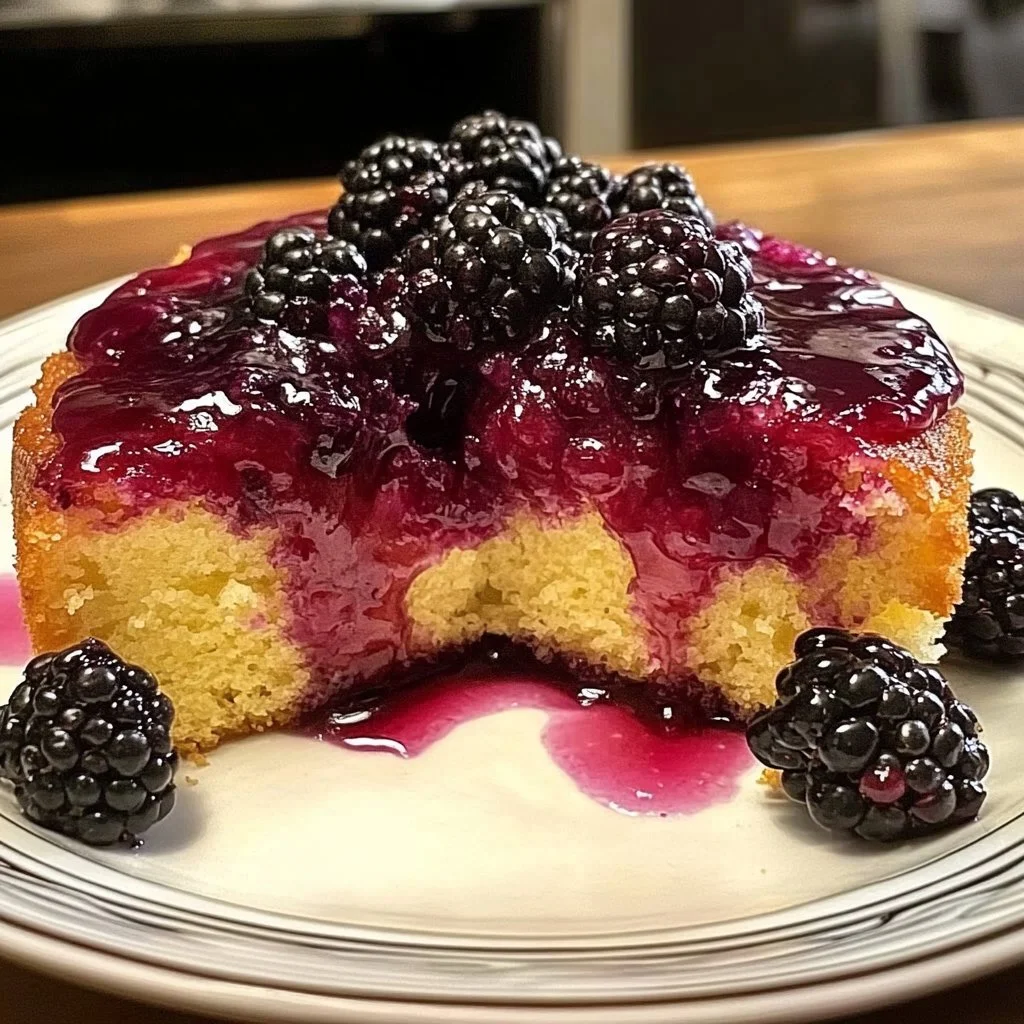 Sliced Blackberry Lemon Syrup Cake with fresh berries on top
