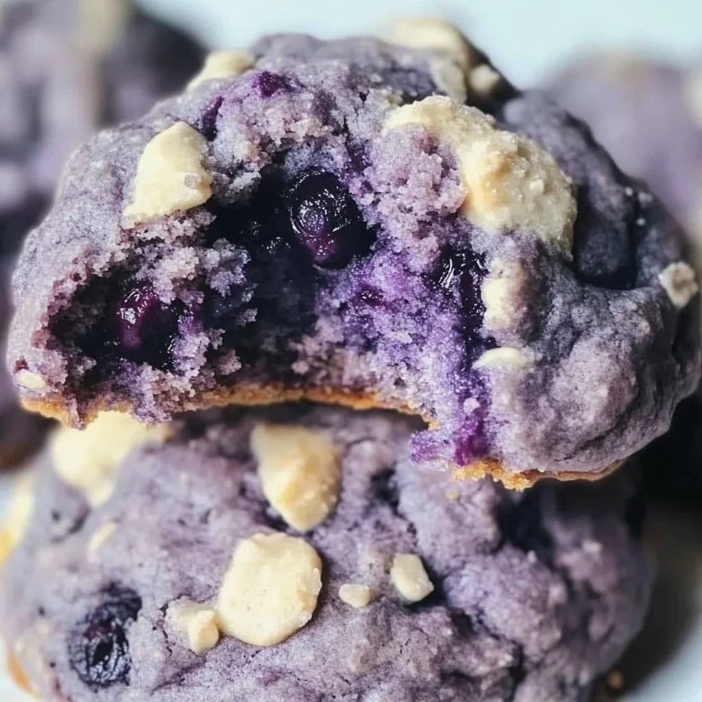 Freshly baked blueberry cookies on a cooling rack