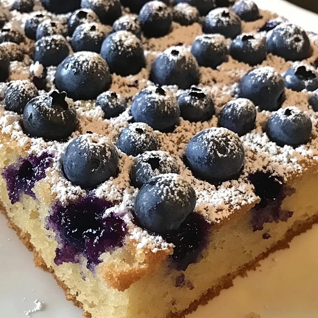 Delicious Blueberry Sheet Cake topped with fresh berries and icing.