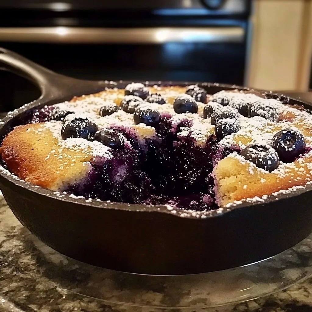 Delicious blueberry skillet cake topped with fresh blueberries and a golden crust.