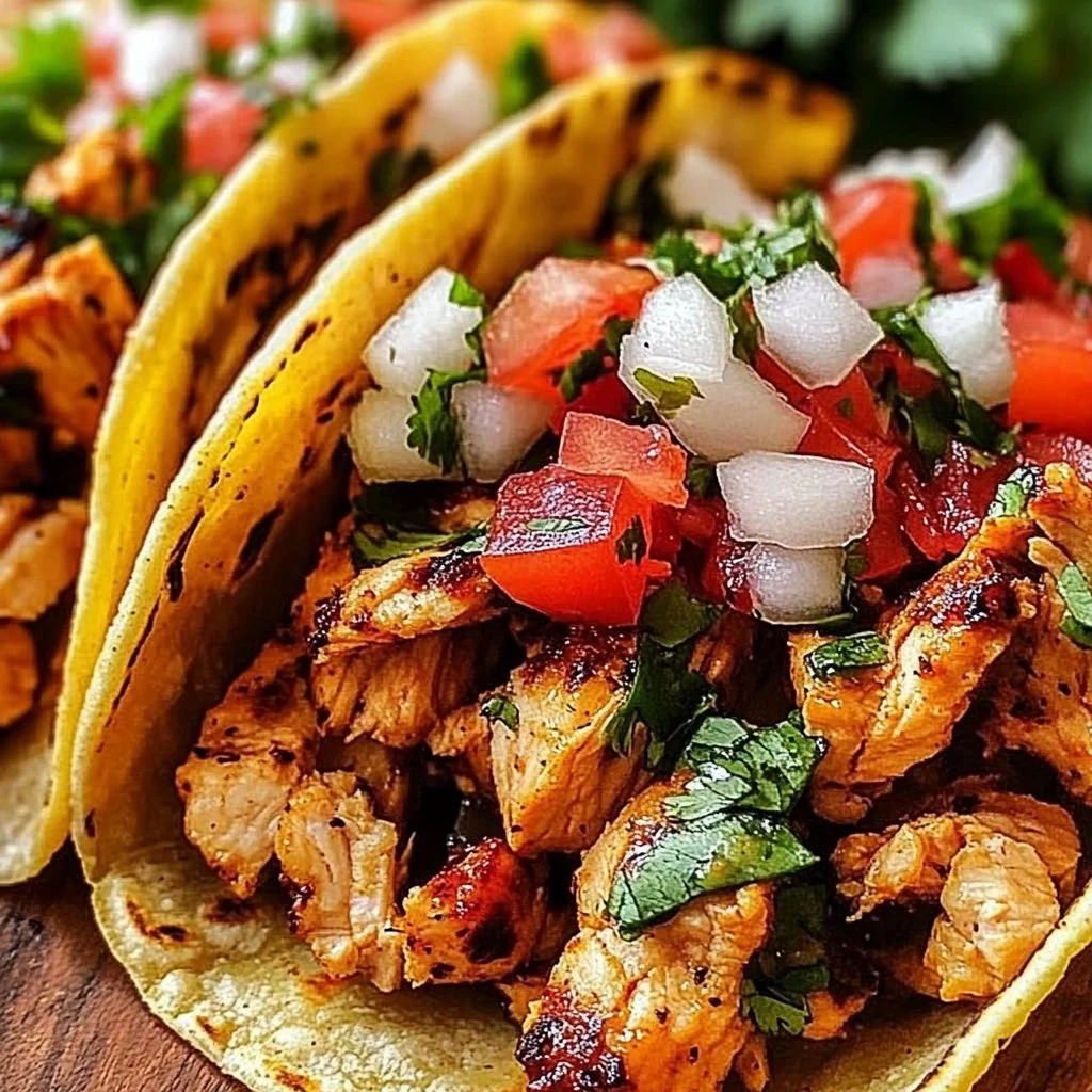 Plate of flavorful chicken street tacos topped with fresh ingredients