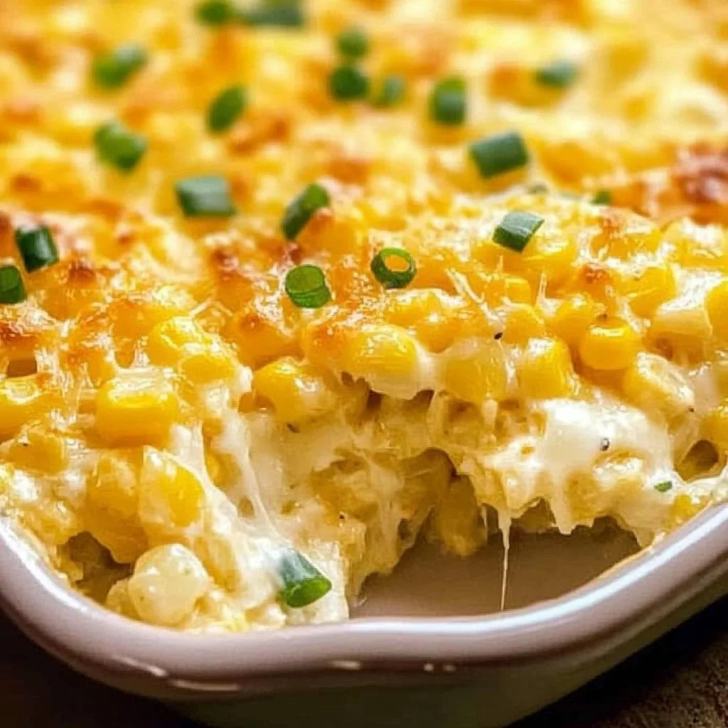 Delicious cream cheese corn casserole topped with golden baked cheese