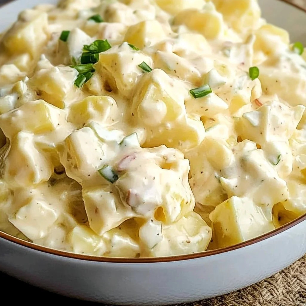 Creamy potato salad garnished with herbs and served in a bowl