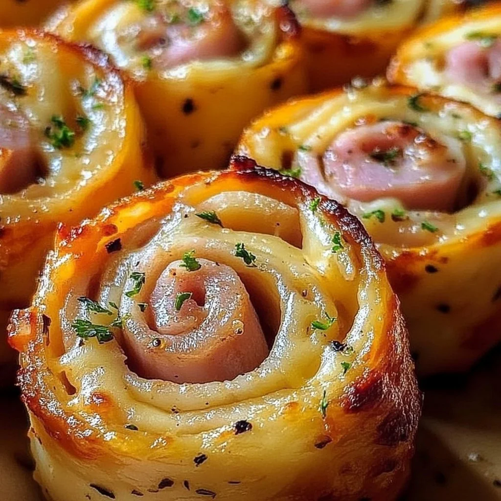 Easter Ham and Cheddar Pinwheels arranged on a festive platter