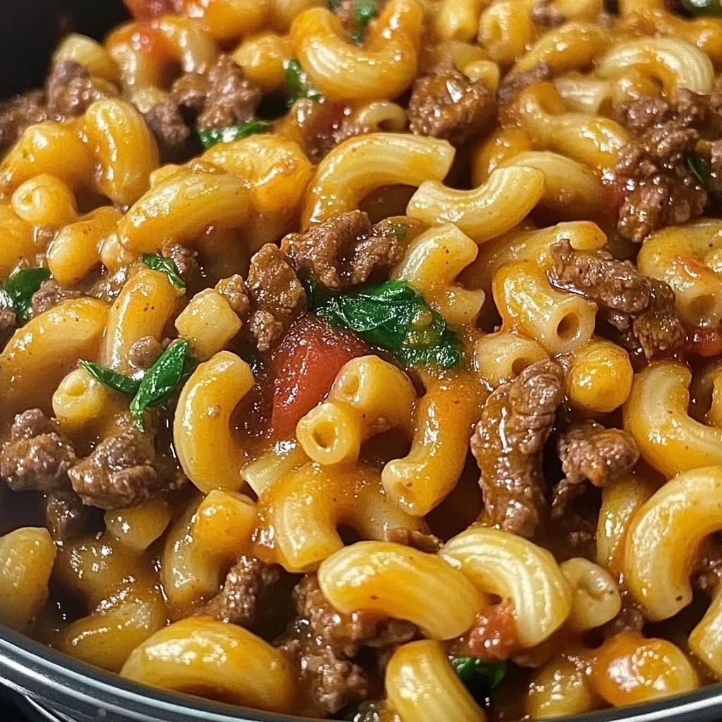Delicious easy healthy Mac and Beef dish served in a bowl.