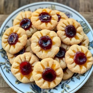 Flower Jam Thumbprint Cookies arranged on a plate, showcasing vibrant colors and textures.