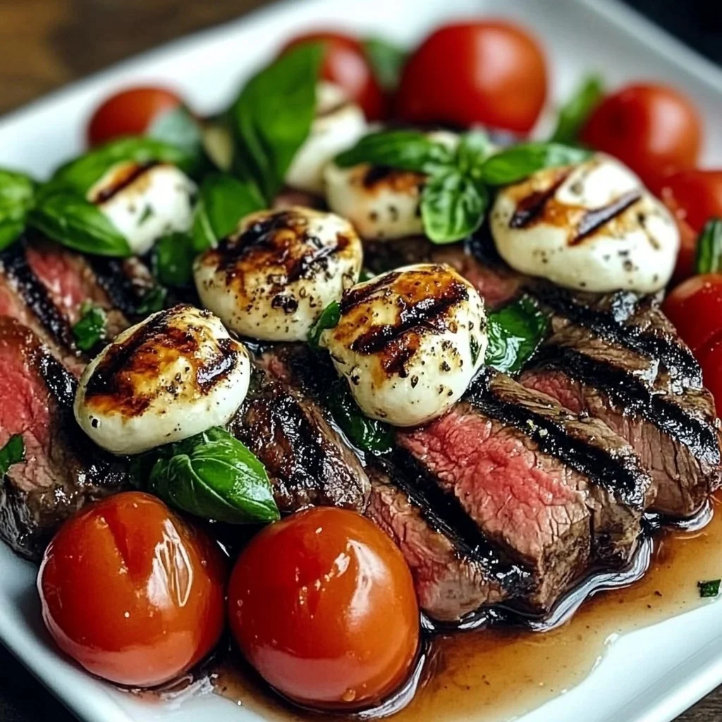 Delicious grilled Caprese steak topped with mozzarella, tomatoes, and basil.