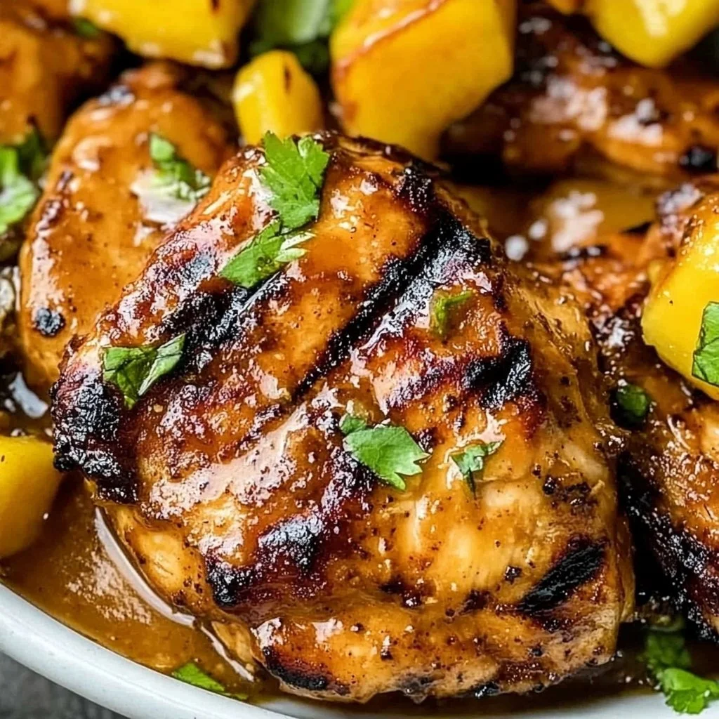 Juicy grilled mango chicken served on a plate with herbs and garnishes.