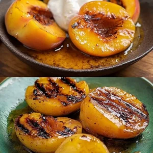 Delicious grilled peaches served on a plate, showcasing their caramelized texture.