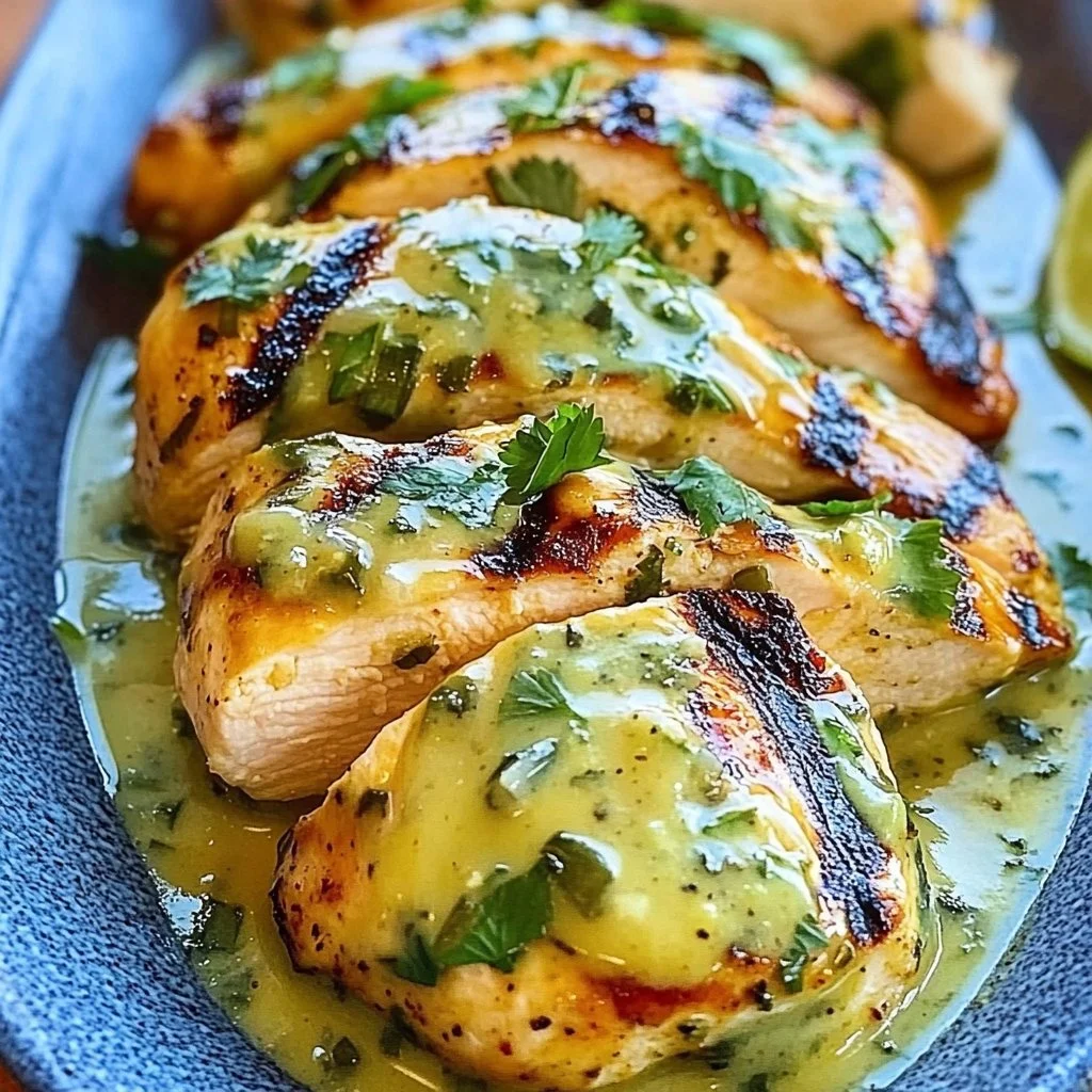 Grilled salsa verde chicken topped with pepper jack cheese on a grill plate