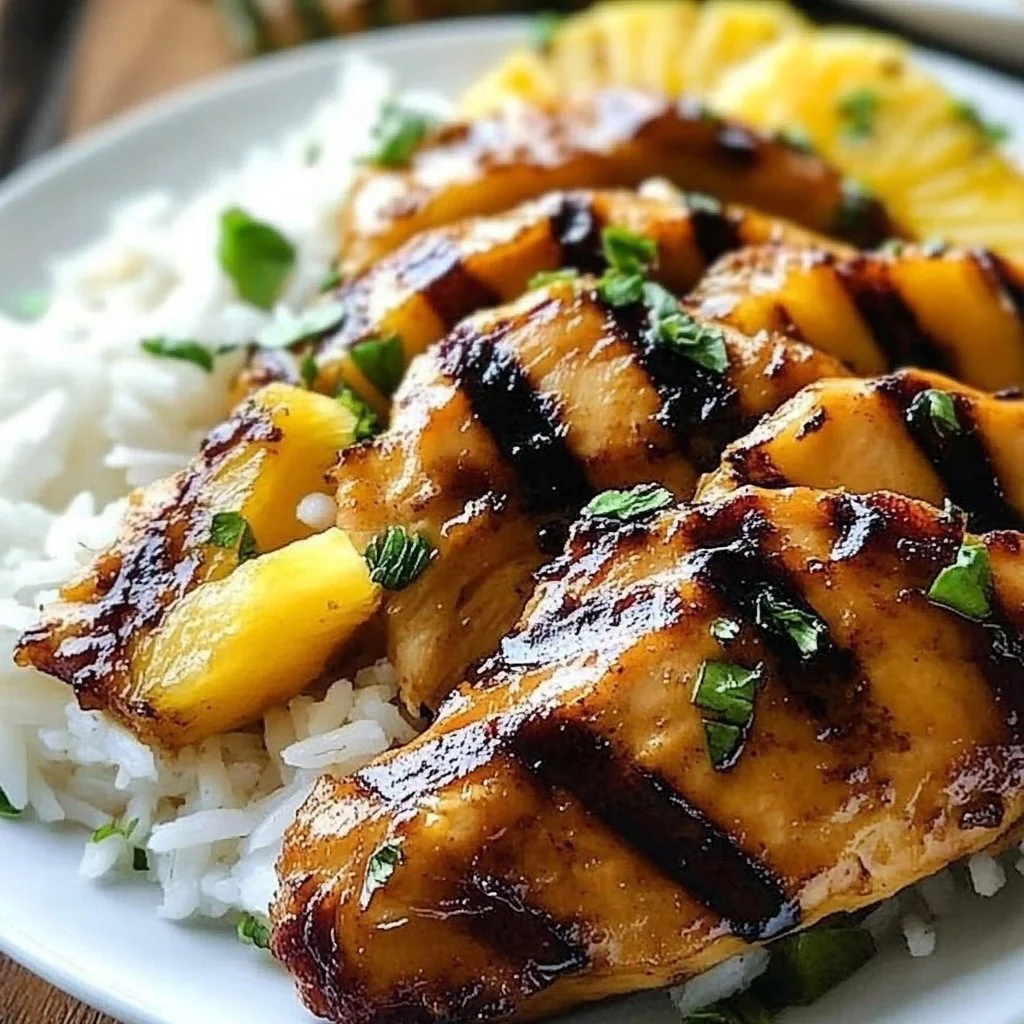 Delicious Hawaiian Chicken served with pineapple and coconut rice
