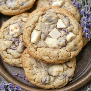 Batch of Lavender White Chocolate Chip Cookies on a cooling rack