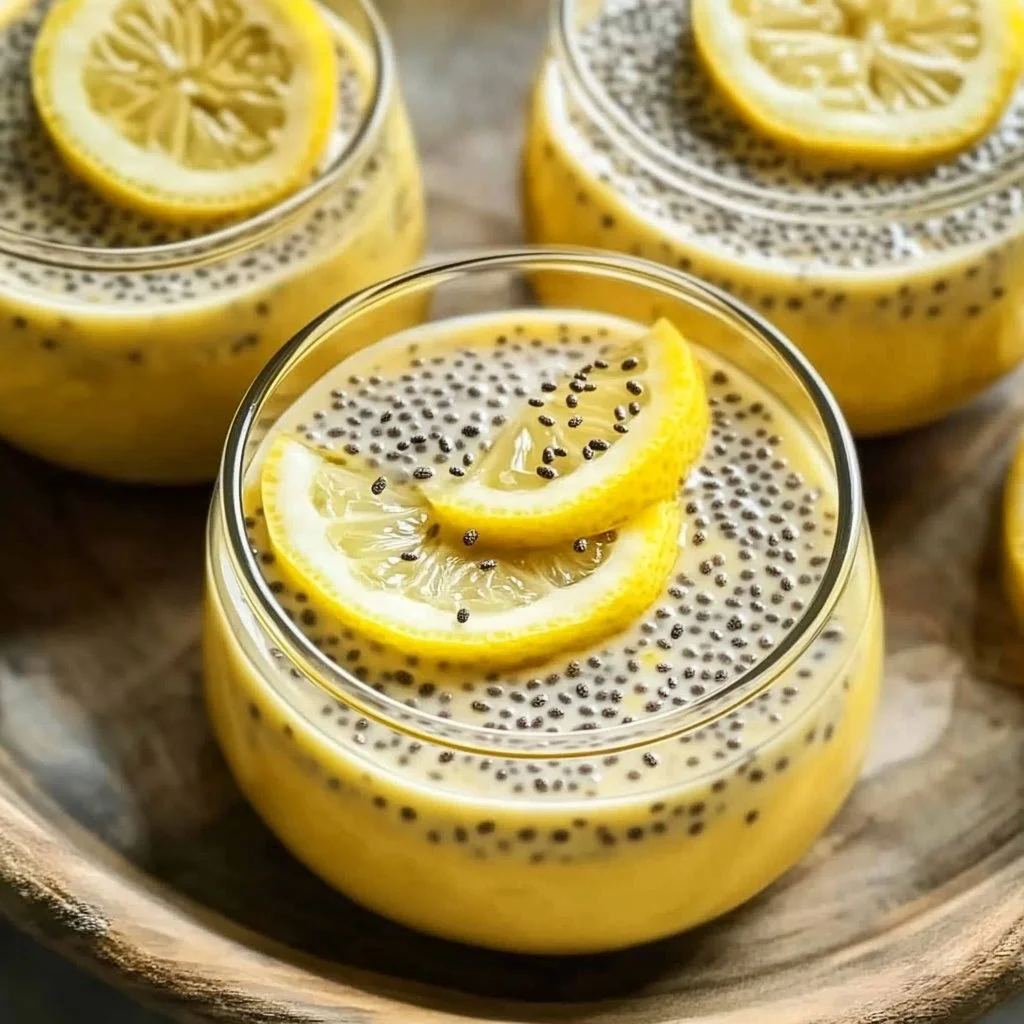 Delicious lemon chia pudding topped with fresh lemon slices and chia seeds