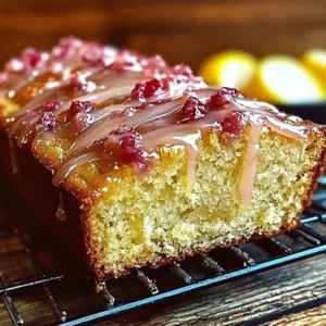 Sliced Lemon Rhubarb Loaf Cake on a decorative plate