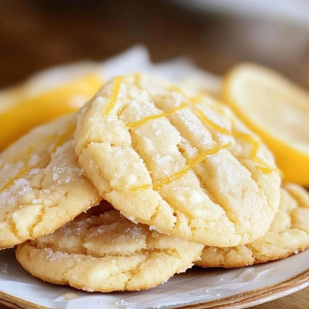 Delicious lemon sugar cookies on a plate with lemon slices.