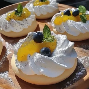 Meringues topped with colorful citrus curd on a white plate