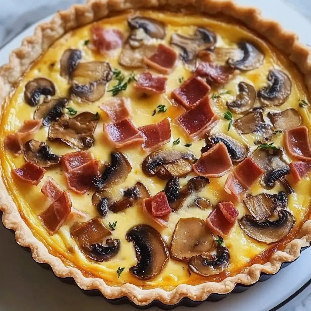 Mushroom quiche with mushrooms, cheese, and herbs on a rustic wooden table