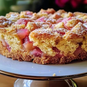Slice of old-fashioned Norwegian rhubarb cake with rustic presentation
