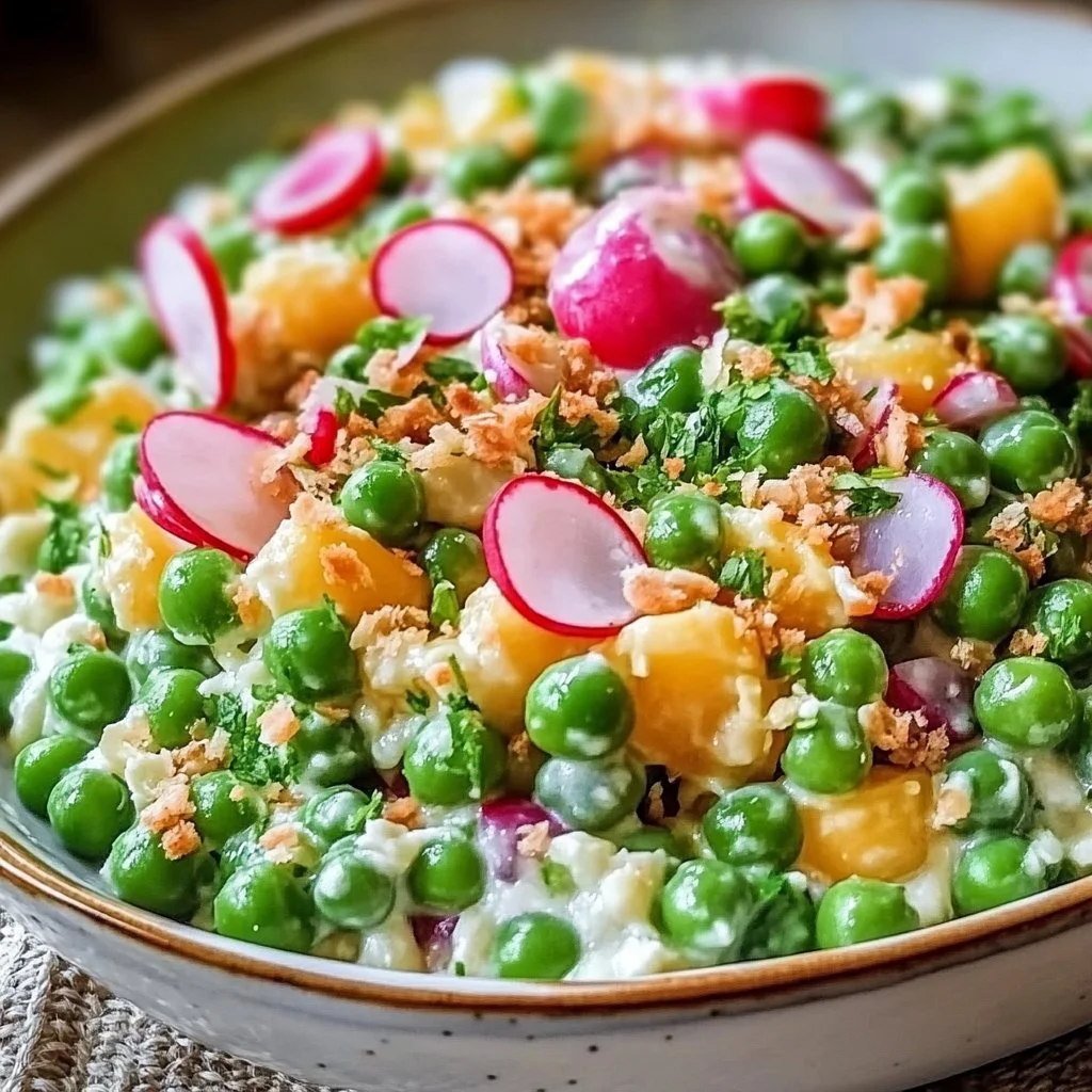 Bowl of Old Fashioned Pea Salad featuring peas, cheese, and dressing
