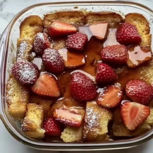 Overnight strawberry French toast casserole topped with fresh strawberries