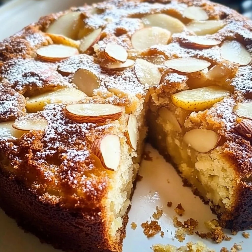 Delicious Pear Almond Olive Oil Cake made with fresh ingredients