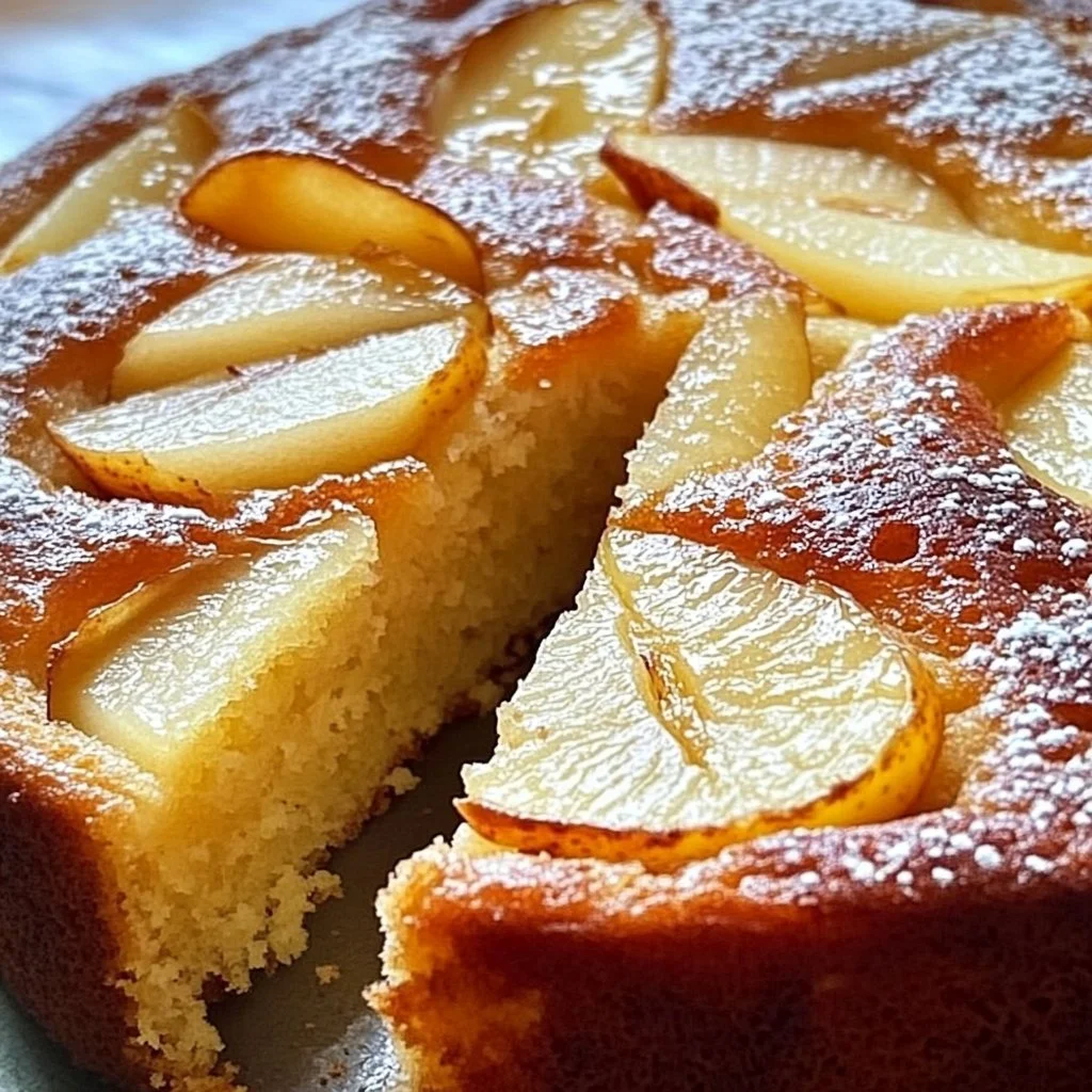 Deliciously baked Pear Frangipane Cake with almond cream and fresh pears.