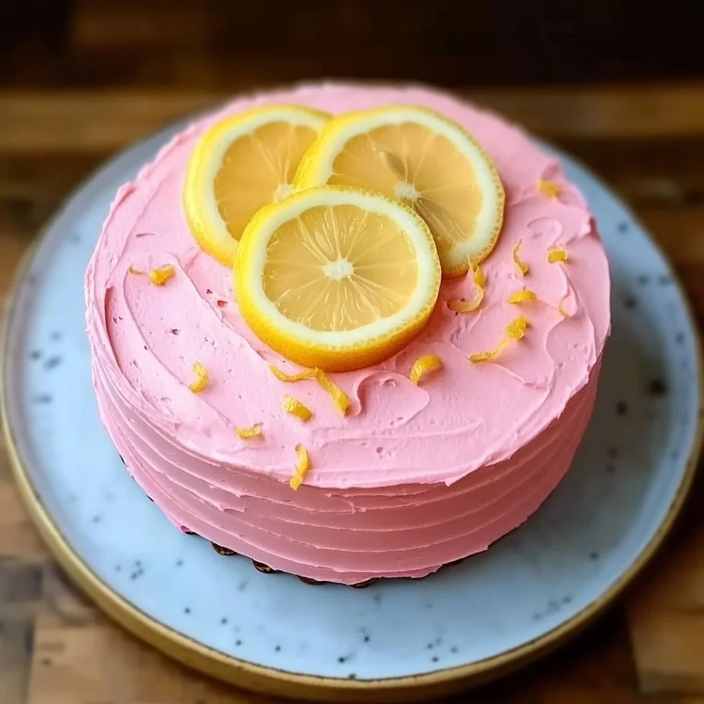 Delicious pink lemonade cake topped with pink frosting and lemon slices.
