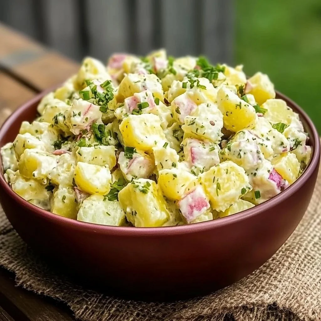 Delicious Pioneer Woman potato salad served in a bowl garnished with herbs
