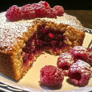 Delicious Raspberry Brown Sugar Cake topped with fresh raspberries and brown sugar glaze