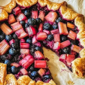 Rhubarb Blueberry Galette with flaky crust and fresh fruit topping