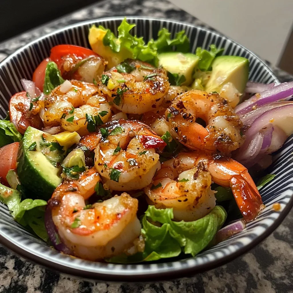 A vibrant shrimp salad with fresh vegetables and a light dressing