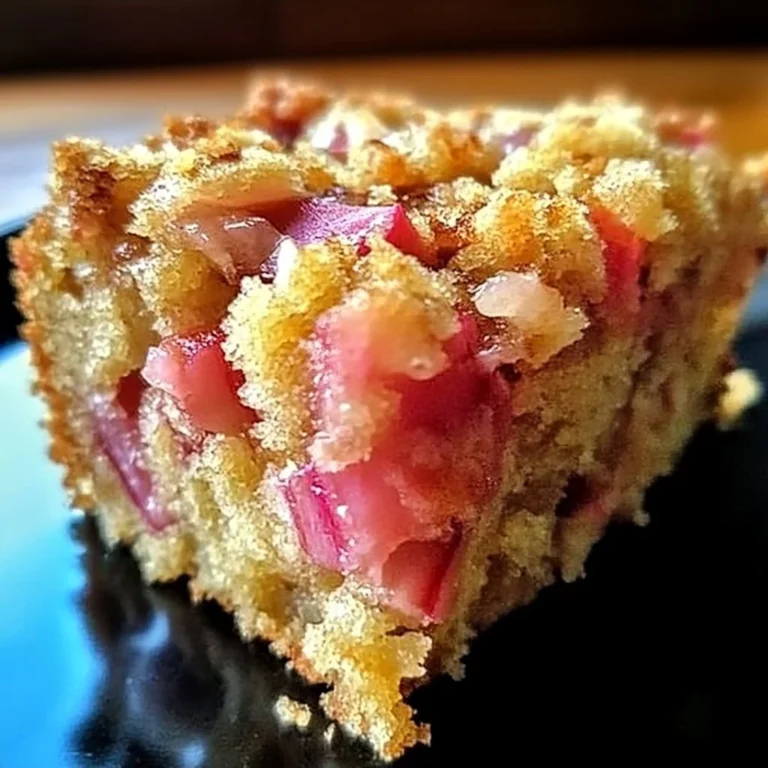 Delicious Sour Cream Rhubarb Coffee Cake served on a plate with coffee