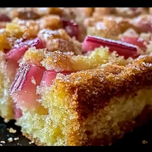 Sour cream rhubarb coffee cake with a moist texture and tart flavor