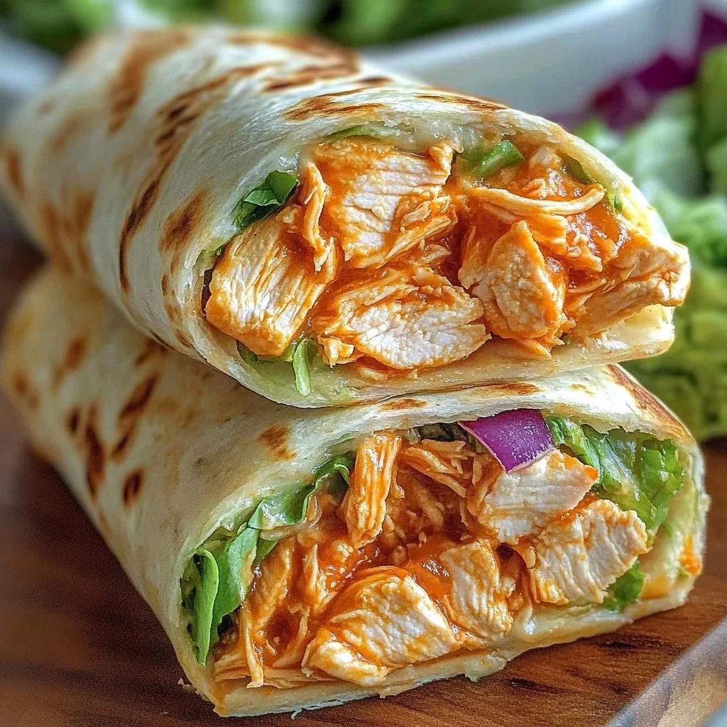 Two Spicy Buffalo Chicken Wraps on a plate with fresh vegetables