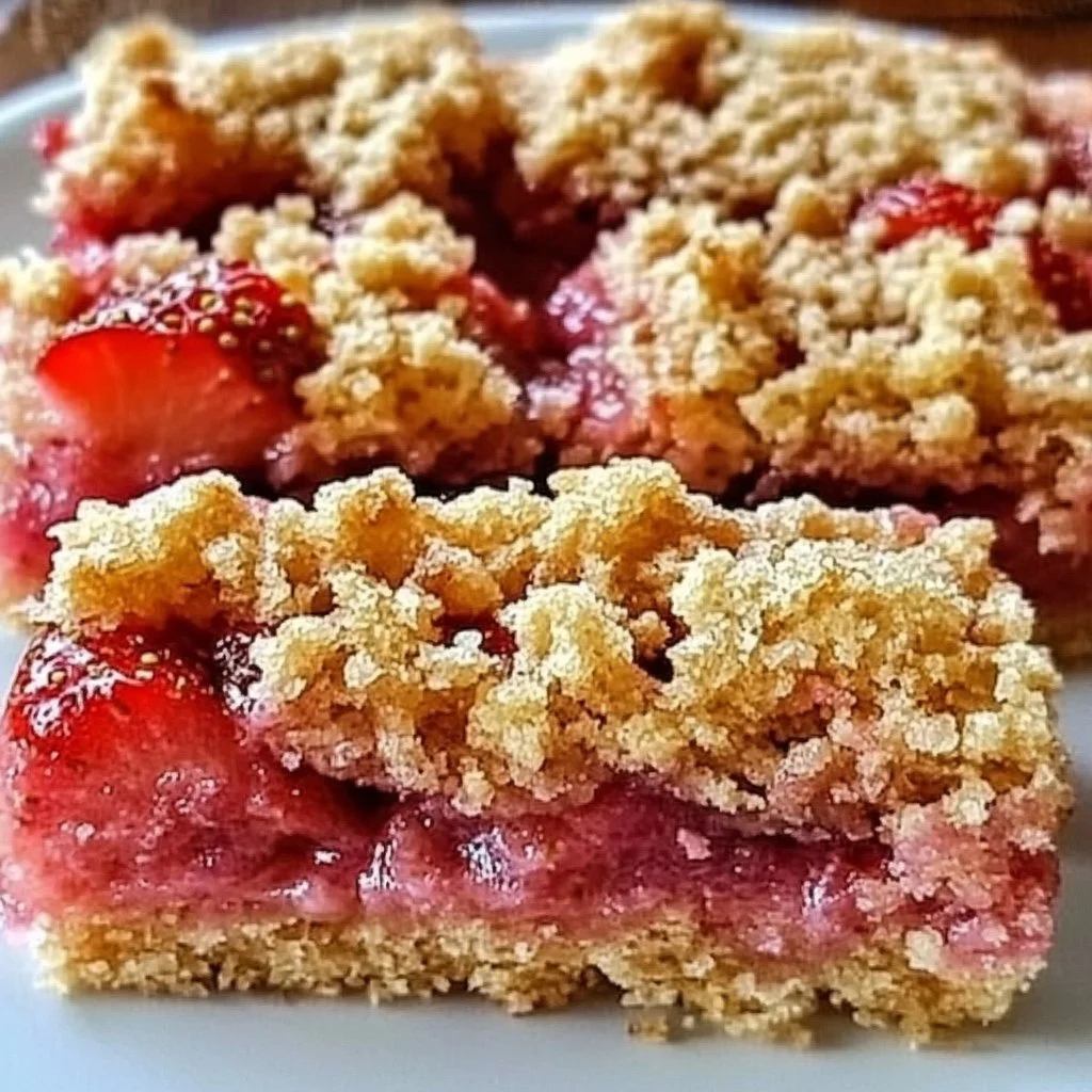 Freshly baked strawberry rhubarb bars on a plate