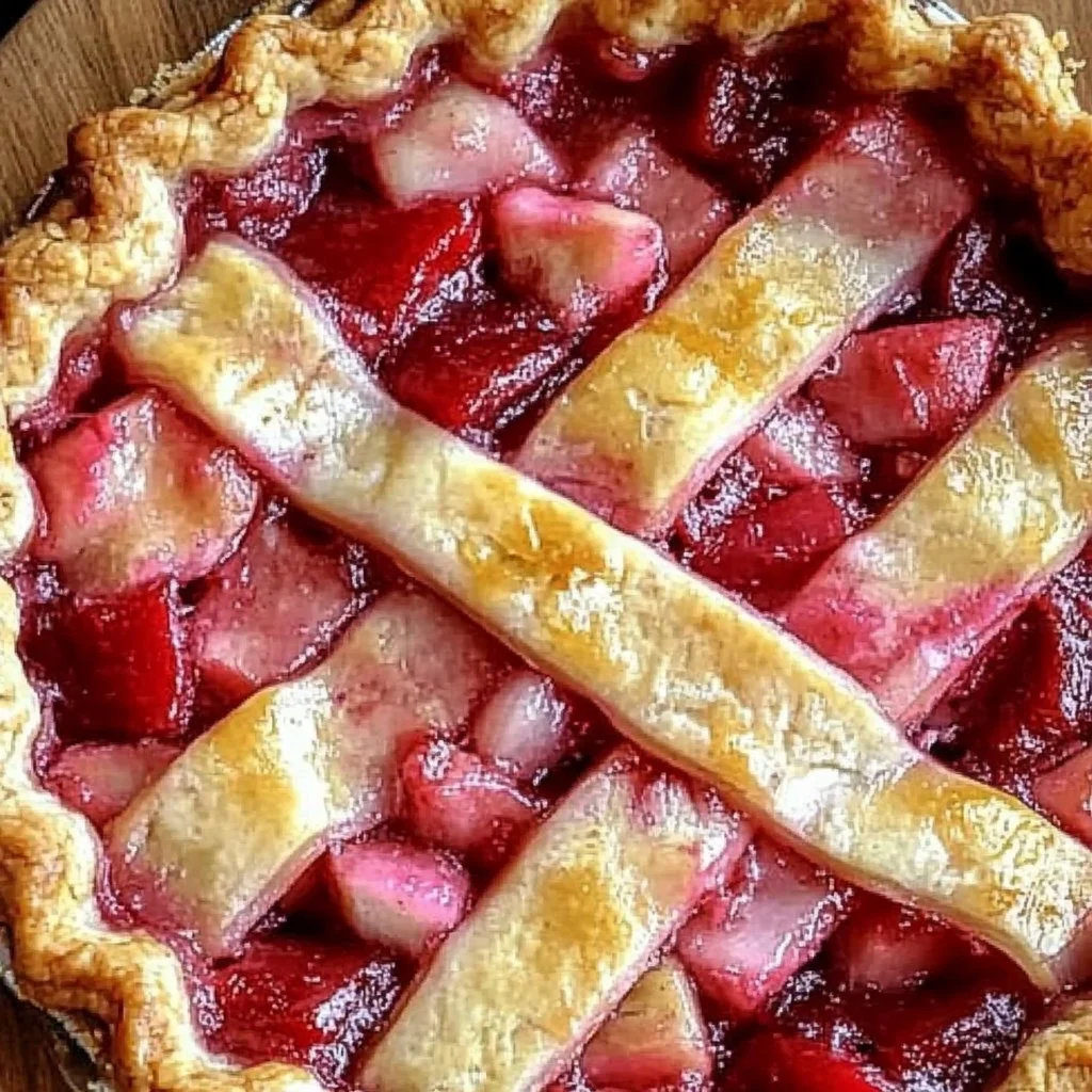 Freshly baked Strawberry Rhubarb Pie with a golden crust and vibrant filling.