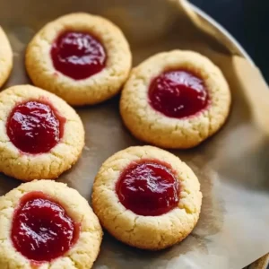 Strawberry thumbprint cookies with jam filling on a rustic table.