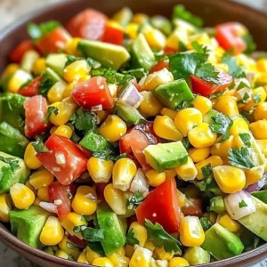 Summer corn salad with avocado and vegetables in a bowl