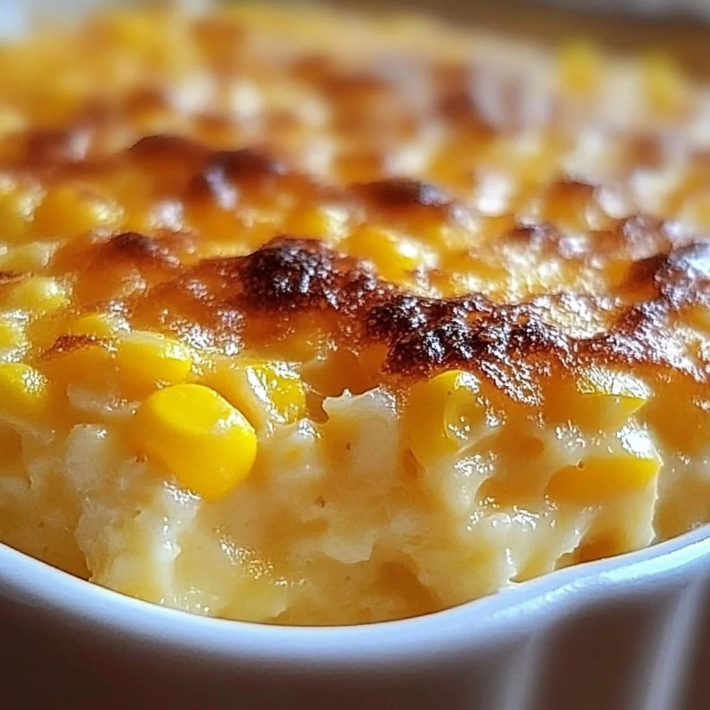Delicious Sweet Corn Pudding Casserole topped with golden corn and spices.